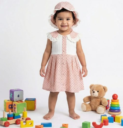 Baby Girls Polka Dot Lace Trim Cotton Dress with Hat (6-18M)