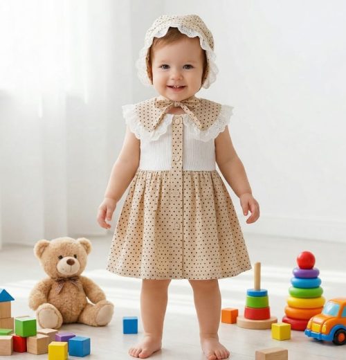 Baby Girls Polka Dot Lace Trim Cotton Dress with Hat (6-18M)