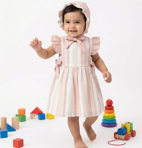 Baby Girls Stripe Frilly Sleeve Double Bow Cotton Dress with Hat (6-18M)