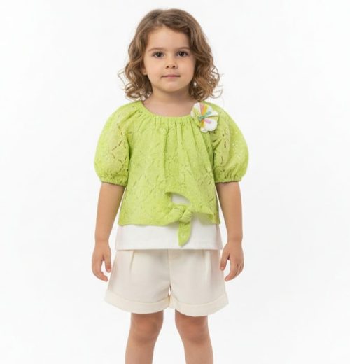 Girls Three Piece Floral Embossed Tie Up Top, Vest & Shorts Set (2-5Y)