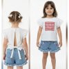 sug 2 Girls Two Piece Check Applique Lace Sleeve Top & Embroidered Denim Shorts Set