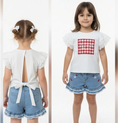 Girls Two Piece Check Applique Lace Sleeve Top & Embroidered Denim Shorts Set