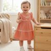 18619 peach Baby Girls Layered Floral Embroidered Lace Trim Dress (6-24M)