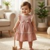 18619 pink Baby Girls Layered Floral Embroidered Lace Trim Dress (6-24M)