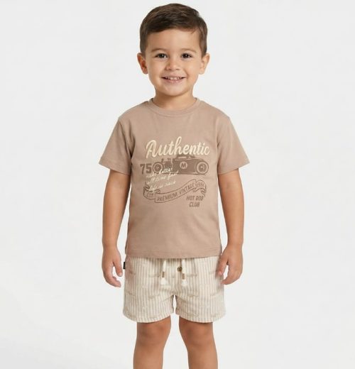 Boys Two Piece Embroidered "Authentic" T-Shirt & Striped Shorts Set (3-6Y)