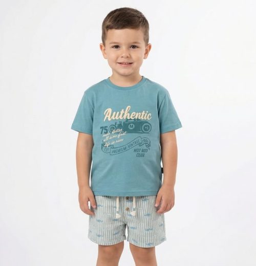 Boys Two Piece Embroidered "Authentic" T-Shirt & Striped Shorts Set (3-6Y)