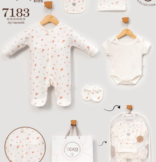 Babies Five Piece 100% Cotton Floral Gift Set with Romper, Vest, Bib, Hat & Mittens (0-9M)