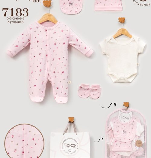 Babies Five Piece 100% Cotton Floral Gift Set with Romper, Vest, Bib, Hat & Mittens (0-9M)