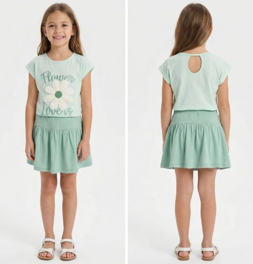 Girls Two Piece Flower Embossed Skirt Set (7-10Y)
