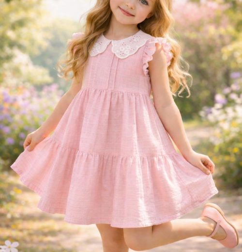 Girls Layered Anglaise Collar Frilly Sleeve Cotton Dress (2-9Y)