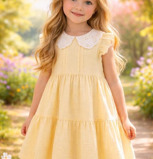 Girls Layered Anglaise Collar Frilly Sleeve Cotton Dress (2-9Y)