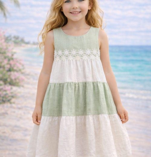 Girls Layered Panel Lace Trim Cotton Dress (2-9Y)