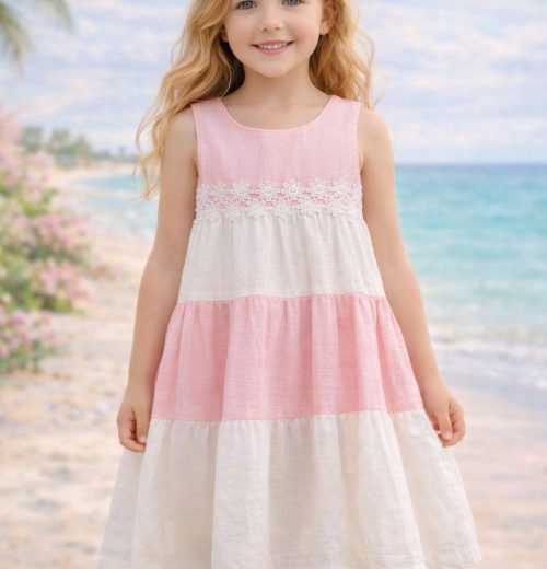Girls Layered Panel Lace Trim Cotton Dress (2-9Y)