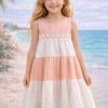 wizzy 2 pink Girls Layered Panel Lace Trim Cotton Dress (2-9Y)