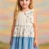 wizzy 3 blue Girls Layered Floral Print Embossed Bow Cotton Dress (2-9Y)