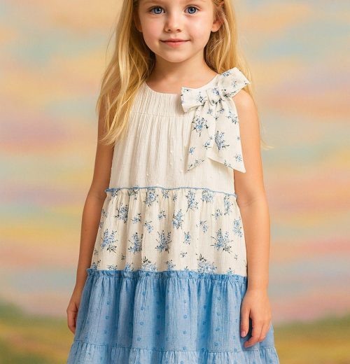 Girls Layered Floral Print Embossed Bow Cotton Dress (2-9Y)