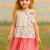 wizzy 3 pink Girls Layered Floral Print Embossed Bow Cotton Dress (2-9Y)