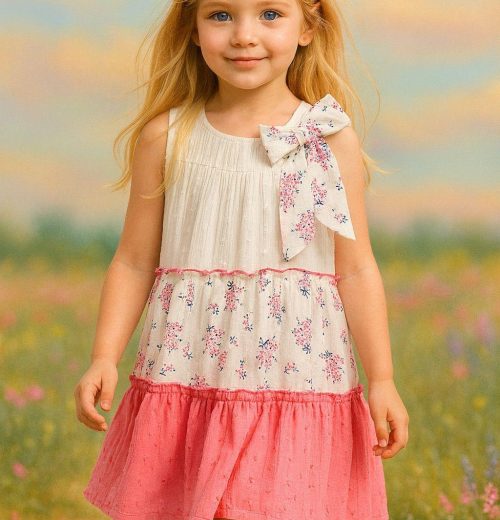 Girls Layered Floral Print Embossed Bow Cotton Dress (2-9Y)
