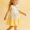 wizzy 3 yellow Girls Layered Floral Print Embossed Bow Cotton Dress (2-9Y)