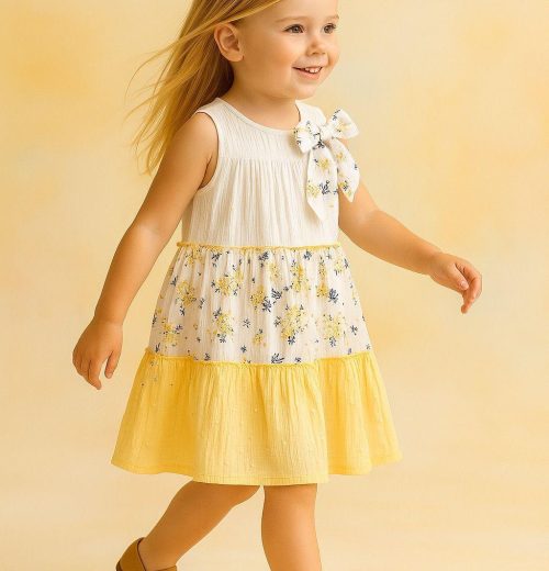 Girls Layered Floral Print Embossed Bow Cotton Dress (2-9Y)
