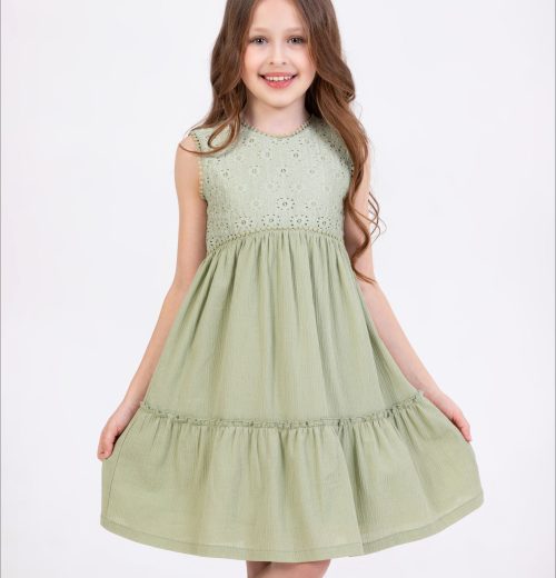 Girls Layered Embroidered Cut Out Effect Cotton Dress (2-9Y)