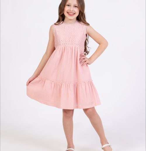 Girls Layered Embroidered Cut Out Effect Cotton Dress (2-9Y)