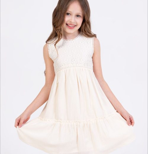Girls Layered Embroidered Cut Out Effect Cotton Dress (2-9Y)