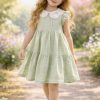 wizzy green Girls Layered Anglaise Collar Frilly Sleeve Cotton Dress (2-9Y)