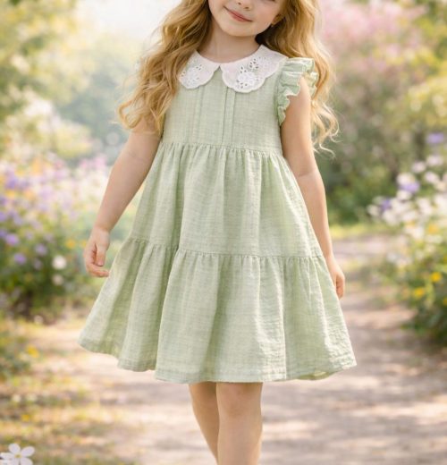 Girls Layered Anglaise Collar Frilly Sleeve Cotton Dress (2-9Y)