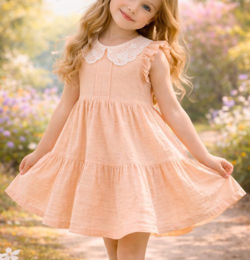 Girls Layered Anglaise Collar Frilly Sleeve Cotton Dress (2-9Y)