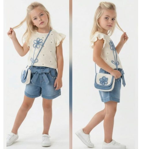 Girls Two Piece Flower Embossed Diamante T-Shirt & Denim Shorts Set with Purse (3-6Y)