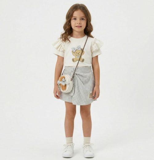 Girls Two Piece Teddy T-Shirt & Check Skirt Set with Purse (3-6Y)