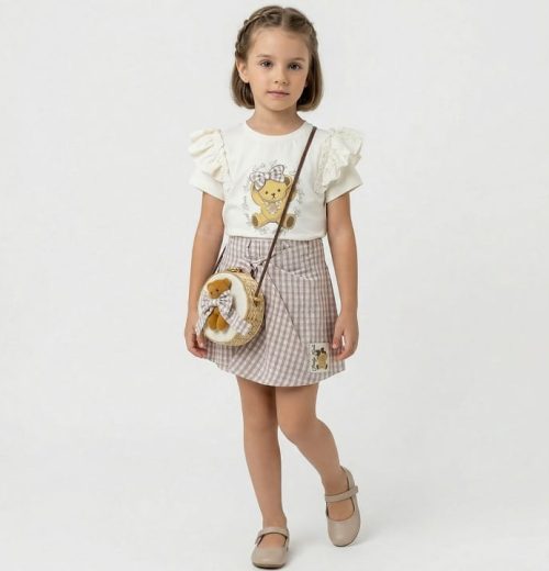 Girls Two Piece Teddy T-Shirt & Check Skirt Set with Purse (3-6Y)