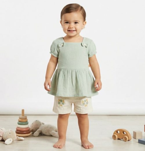 Baby Girls Two Piece Flower Embroidered Crinkle Bow Short Set (9-24M)