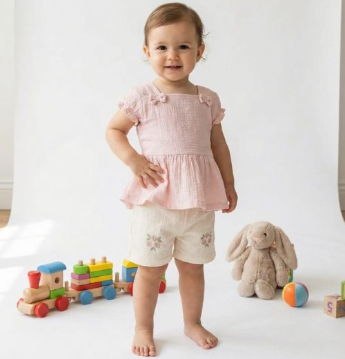 Baby Girls Two Piece Flower Embroidered Crinkle Bow Short Set (9-24M)