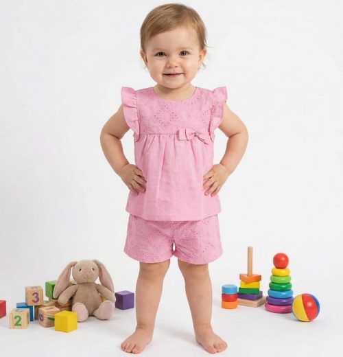 Baby Girls Two Piece Anglaise Embroidered Bow Top & Shorts Set (12-36M)