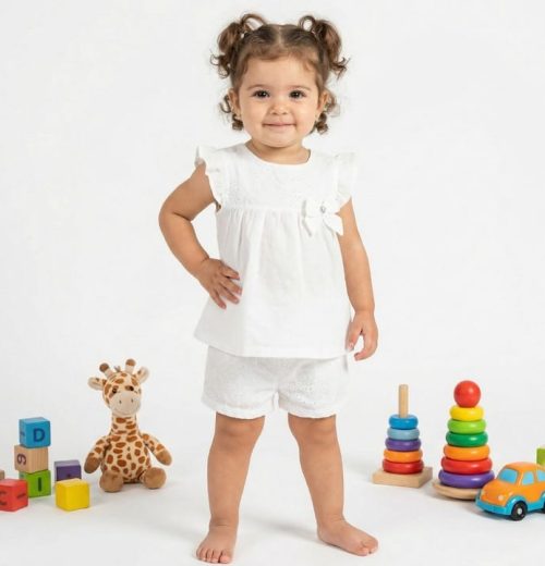 Baby Girls Two Piece Anglaise Embroidered Bow Top & Shorts Set (12-36M)