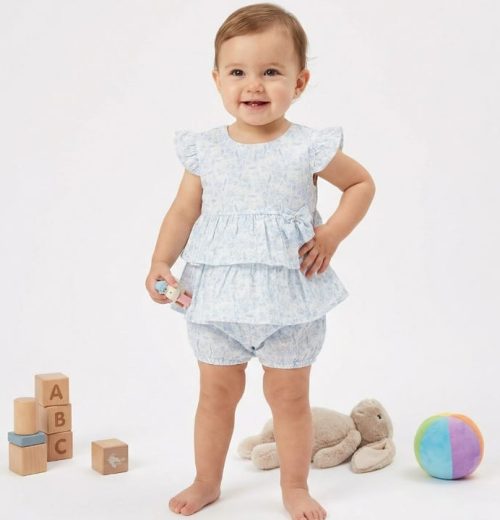 Baby Girls Two Piece Layered Floral Print Bow Dress with Panties (3-18M)