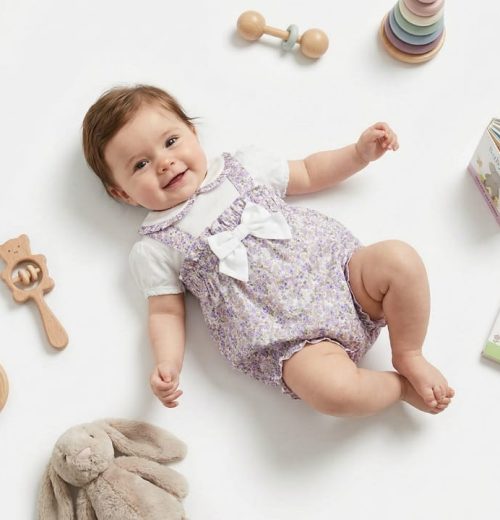 Baby Girls Two Piece Floral Print Bow Romper Set (0-6M)