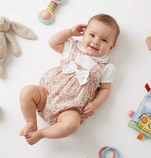 Baby Girls Two Piece Floral Print Bow Romper Set (0-6M)