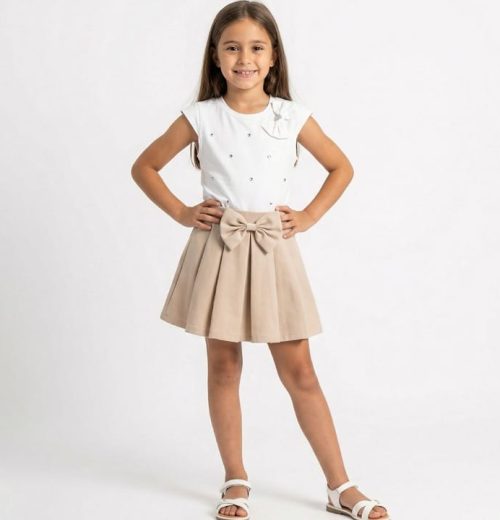 Girls Two Piece Diamante Stone Bow Top & Skirt Set (4-12Y)