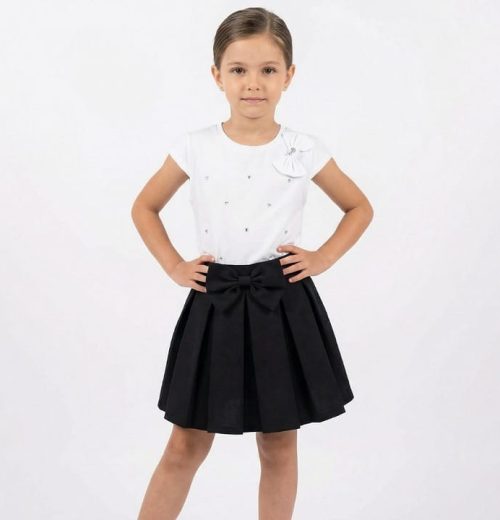 Girls Two Piece Diamante Stone Bow Top & Skirt Set (4-12Y)