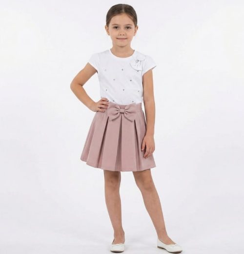 Girls Two Piece Diamante Stone Bow Top & Skirt Set (4-12Y)