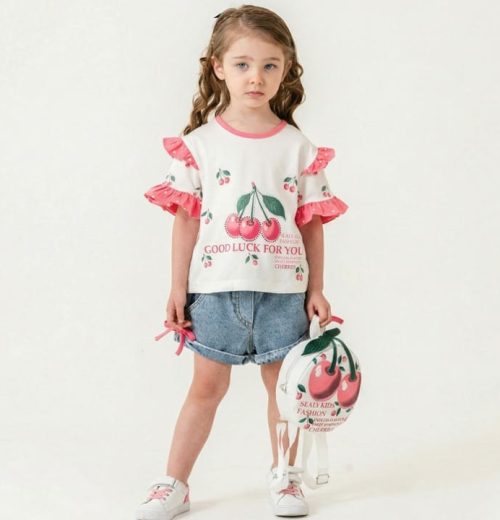 Girls Two Piece Cherry Polka Dot T-Shirt & Denim Shorts Set with Backpack (3-6Y)