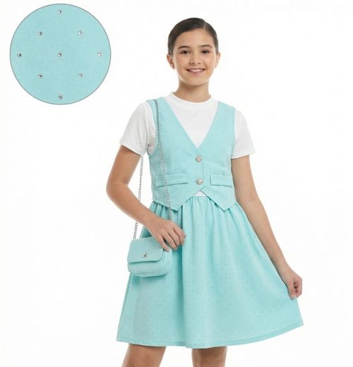 Girls Full Diamante Attached Waistcoat Dress with Purse (4-14Y)
