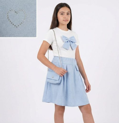 Girls Heart Diamante Bow Dress with Purse (4-14Y)