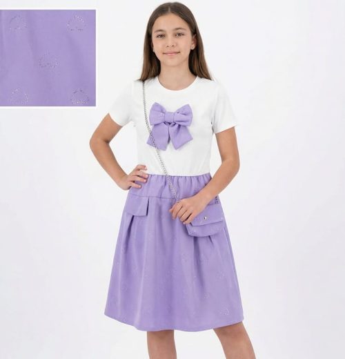 Girls Heart Diamante Bow Dress with Purse (4-14Y)