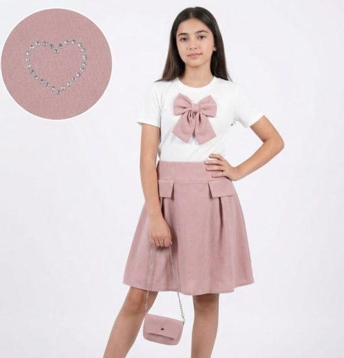 Girls Heart Diamante Bow Dress with Purse (4-14Y)