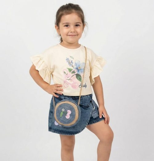 Girls Two Piece Floral Print Pearl T-Shirt & Denim Shorts Set with Purse (3-6Y)