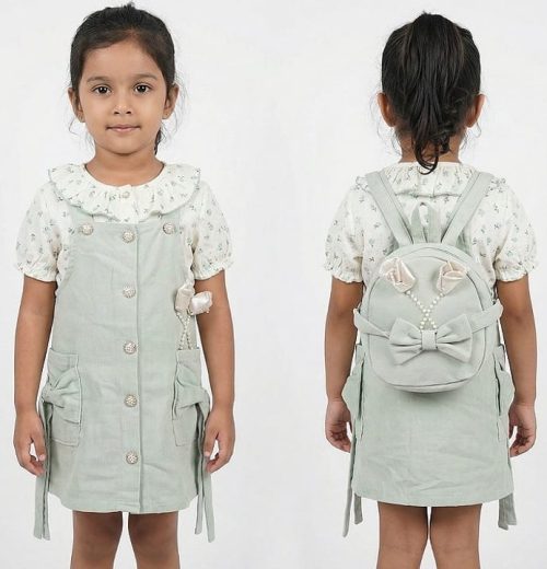 Girls Two Piece Flower Print Shirt & Pearl Button Dress with Back Pack (3-6Y)